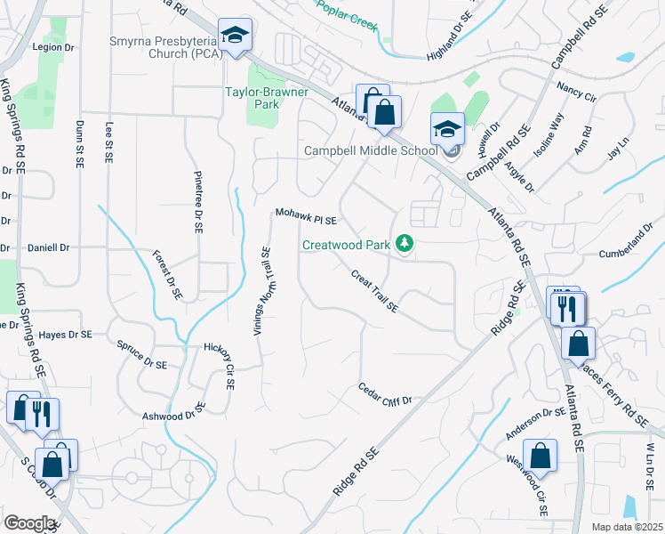 map of restaurants, bars, coffee shops, grocery stores, and more near 1736 Seneca Court in Smyrna