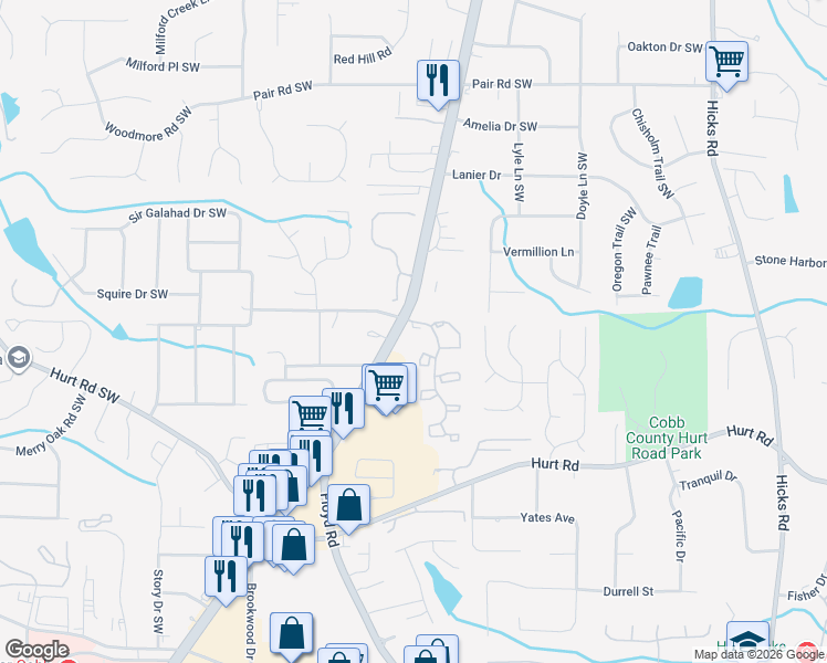 map of restaurants, bars, coffee shops, grocery stores, and more near 1402 Station Club Drive in Marietta