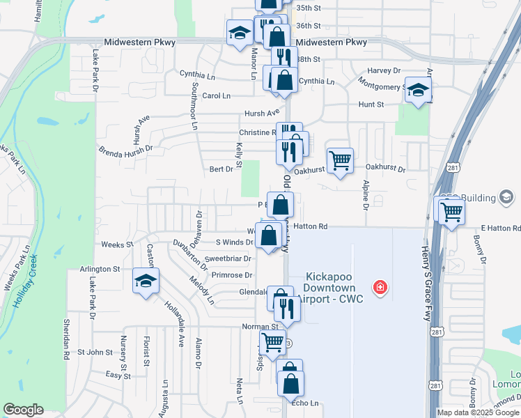 map of restaurants, bars, coffee shops, grocery stores, and more near 1511 P B Lane in Wichita Falls