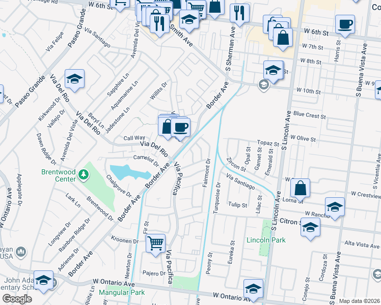 map of restaurants, bars, coffee shops, grocery stores, and more near 1517 Coyote Circle in Corona