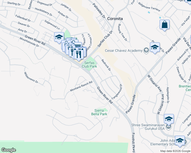 map of restaurants, bars, coffee shops, grocery stores, and more near 1480 Torreyanna Circle in Corona