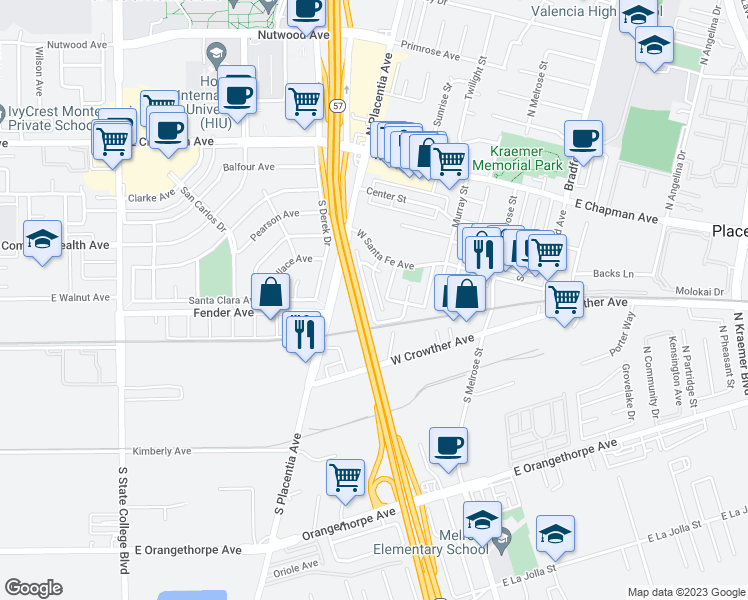 map of restaurants, bars, coffee shops, grocery stores, and more near 331 Camarillo Street in Placentia
