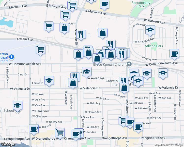 map of restaurants, bars, coffee shops, grocery stores, and more near 2006 Carol Drive in Fullerton