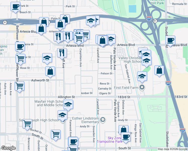 map of restaurants, bars, coffee shops, grocery stores, and more near 17913 Canehill Avenue in Bellflower