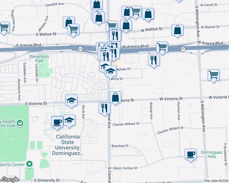 map of restaurants, bars, coffee shops, grocery stores, and more near 1369 Wingfoot in Carson