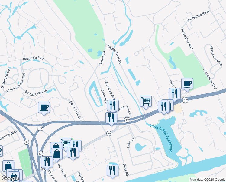 map of restaurants, bars, coffee shops, grocery stores, and more near 4110 Sandtrap Avenue in Little River