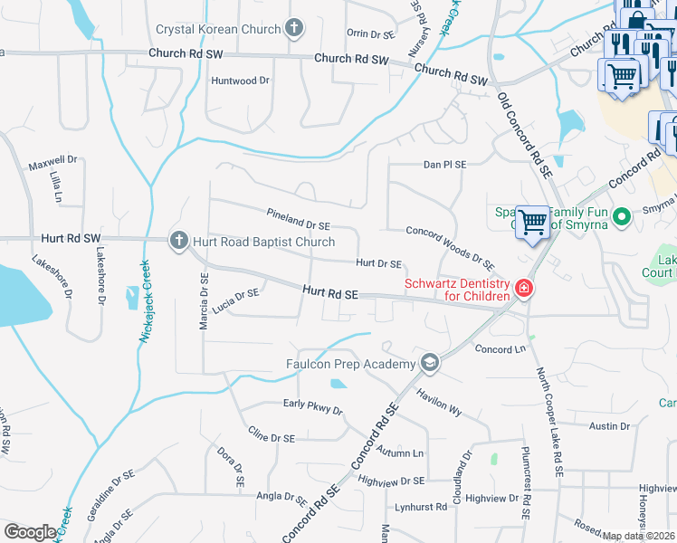 map of restaurants, bars, coffee shops, grocery stores, and more near 220 Hurt Drive Southeast in Smyrna