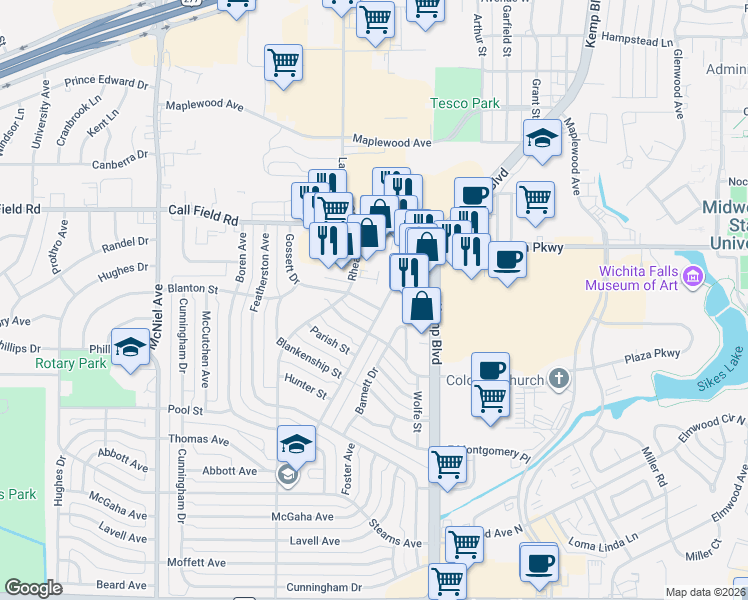 map of restaurants, bars, coffee shops, grocery stores, and more near 4117 Faith Road in Wichita Falls