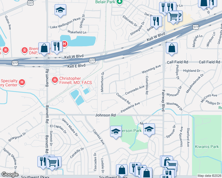 map of restaurants, bars, coffee shops, grocery stores, and more near 4410 Concord Road in Wichita Falls
