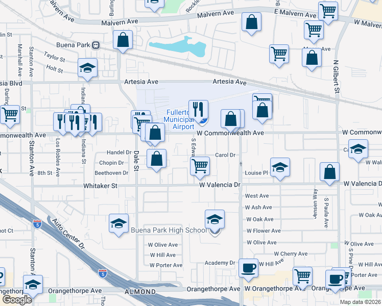 map of restaurants, bars, coffee shops, grocery stores, and more near 149 South Edward Avenue in Fullerton