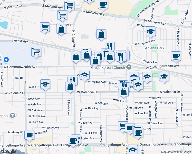 map of restaurants, bars, coffee shops, grocery stores, and more near 1896 Carol Drive in Fullerton