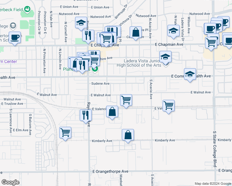 map of restaurants, bars, coffee shops, grocery stores, and more near 224 South Janet Place in Fullerton