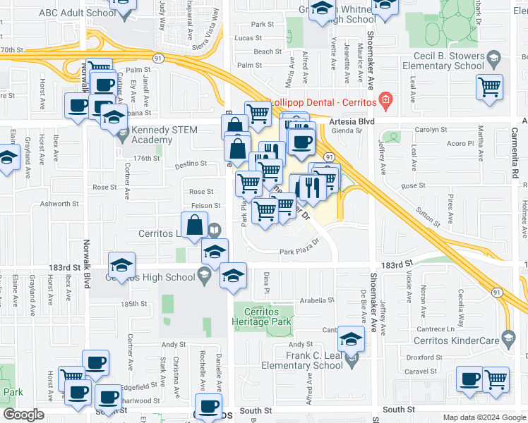 map of restaurants, bars, coffee shops, grocery stores, and more near 17785 Center Court Drive North in Cerritos