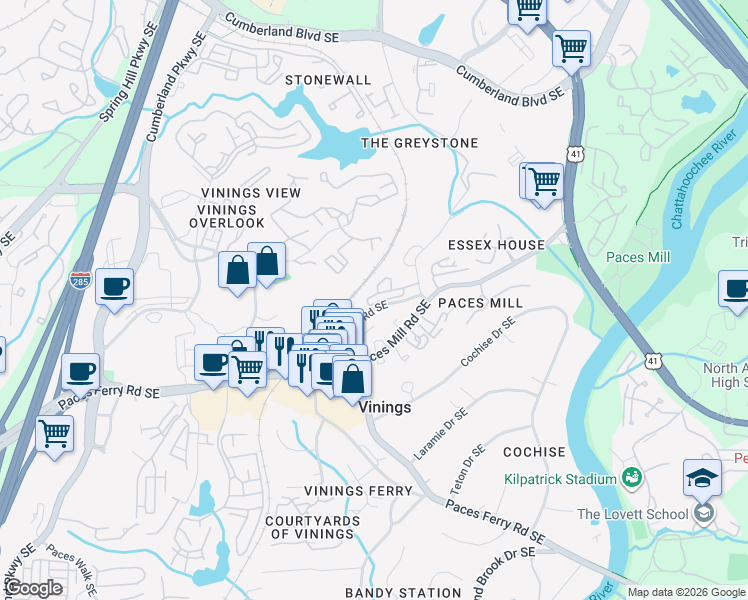 map of restaurants, bars, coffee shops, grocery stores, and more near 3048 Vinings Ridge Drive Southeast in Atlanta