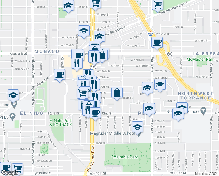 map of restaurants, bars, coffee shops, grocery stores, and more near 4244 West 178th Street in Torrance
