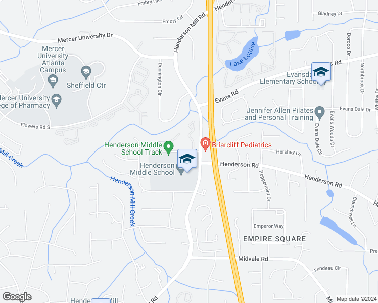 map of restaurants, bars, coffee shops, grocery stores, and more near 3348 Lansbury Village Drive in Atlanta