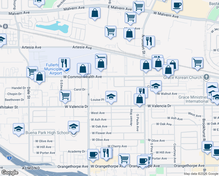 map of restaurants, bars, coffee shops, grocery stores, and more near 134 South Pritchard Avenue in Fullerton