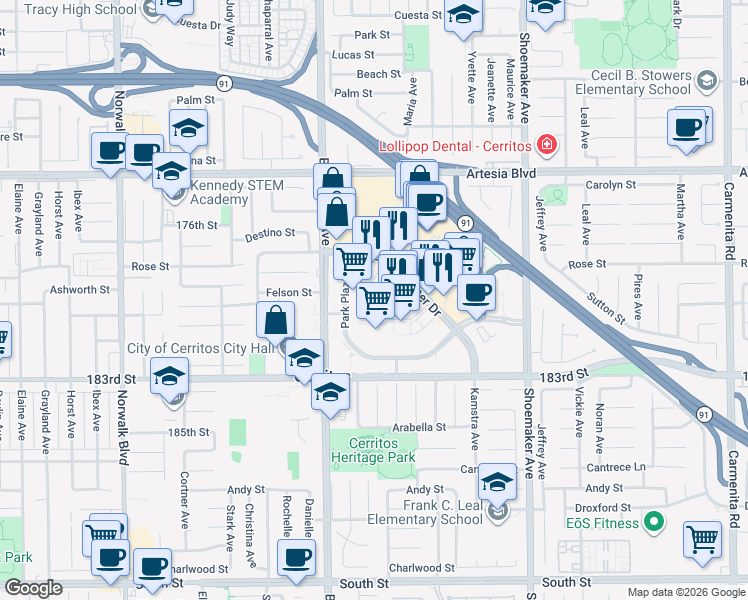 map of restaurants, bars, coffee shops, grocery stores, and more near 17777 Center Court Drive North in Cerritos