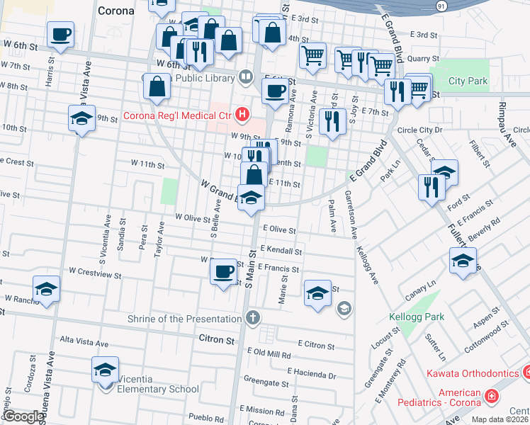 map of restaurants, bars, coffee shops, grocery stores, and more near 1205 South Main Street in Corona