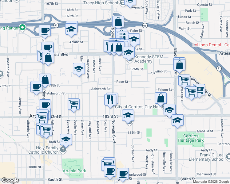 map of restaurants, bars, coffee shops, grocery stores, and more near 17810 Norwalk Boulevard in Artesia