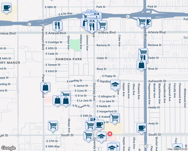 map of restaurants, bars, coffee shops, grocery stores, and more near 3480 E Poppy St in Long Beach