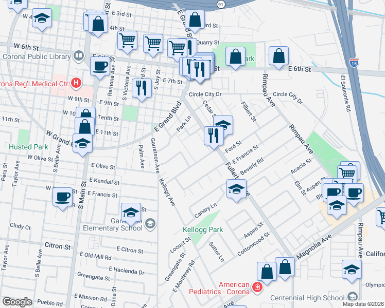 map of restaurants, bars, coffee shops, grocery stores, and more near 723 Ford Street in Corona