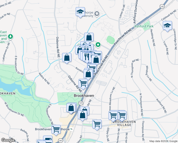 map of restaurants, bars, coffee shops, grocery stores, and more near 1304 Kendrick Road Northeast in Atlanta