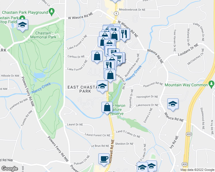 map of restaurants, bars, coffee shops, grocery stores, and more near Roswell Rd NE & Interlochen Dr in Atlanta