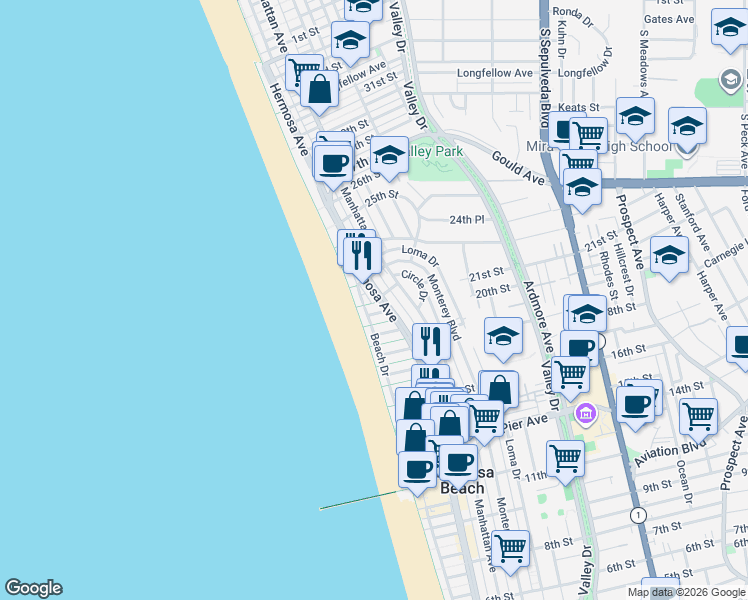 map of restaurants, bars, coffee shops, grocery stores, and more near 41 21st Street in Hermosa Beach
