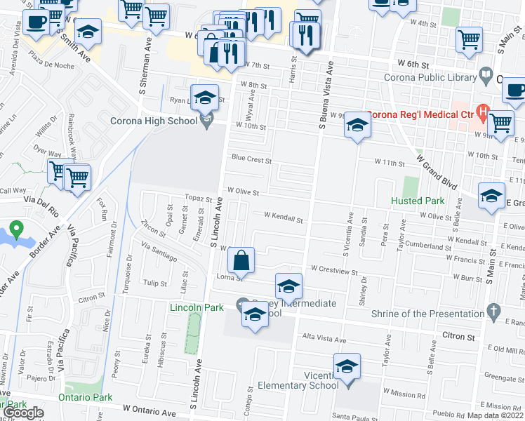 map of restaurants, bars, coffee shops, grocery stores, and more near 1005 West Kendall Street in Corona