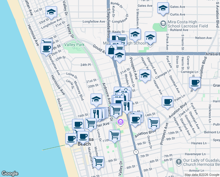 map of restaurants, bars, coffee shops, grocery stores, and more near 1909 Springfield Avenue in Hermosa Beach