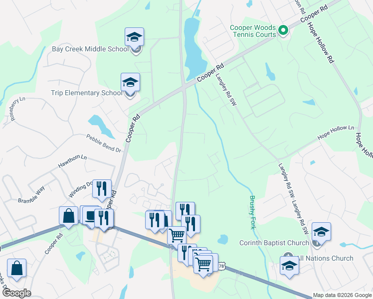 map of restaurants, bars, coffee shops, grocery stores, and more near 2818 Rosebud Road Southwest in Loganville