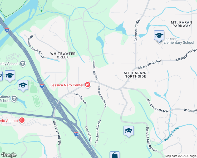 map of restaurants, bars, coffee shops, grocery stores, and more near 4141 Harris Trail Northwest in Atlanta