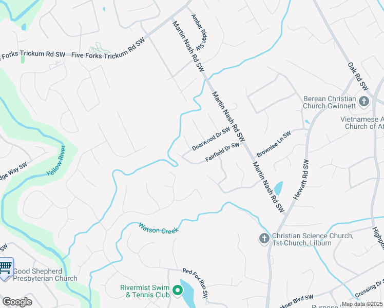 map of restaurants, bars, coffee shops, grocery stores, and more near 3414 Dearwood Drive Southwest in Lilburn