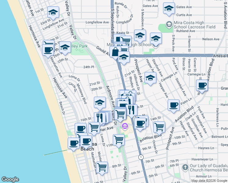 map of restaurants, bars, coffee shops, grocery stores, and more near 1909 Springfield Avenue in Hermosa Beach