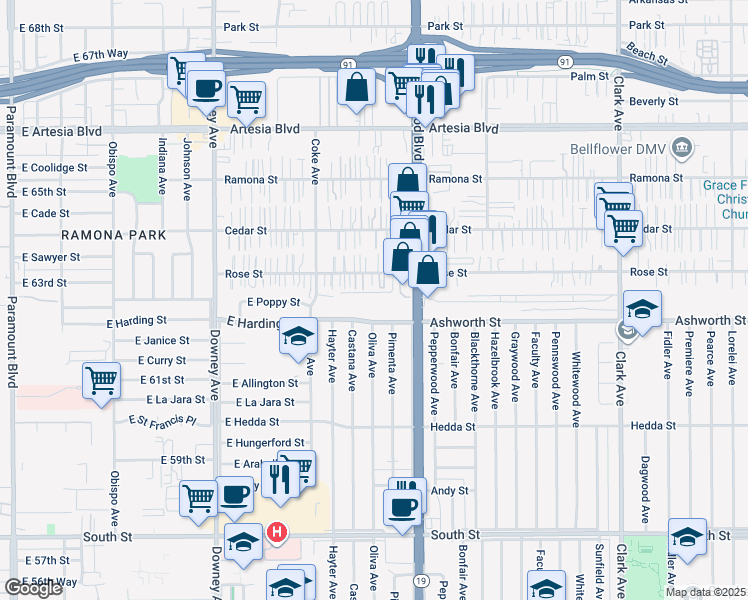 map of restaurants, bars, coffee shops, grocery stores, and more near 4102 Kima Court in Lakewood