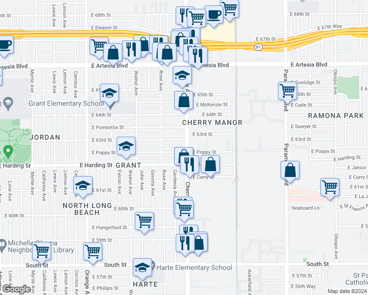 map of restaurants, bars, coffee shops, grocery stores, and more near 6269 Cherry Avenue in Long Beach