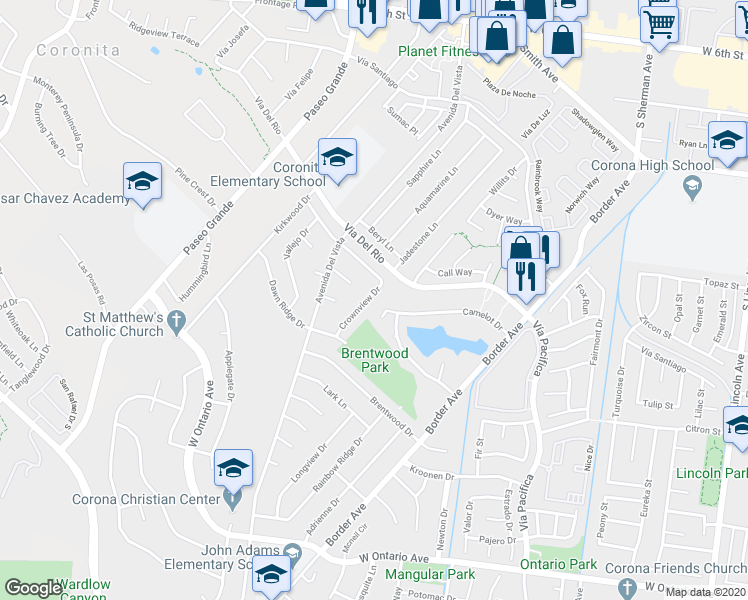 map of restaurants, bars, coffee shops, grocery stores, and more near 1361 Crownview Drive in Corona