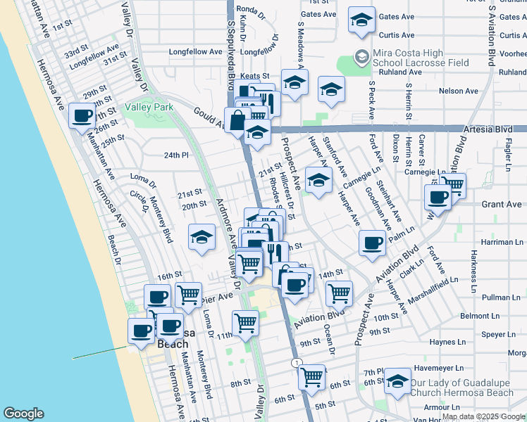 map of restaurants, bars, coffee shops, grocery stores, and more near 1828 Pacific Coast Highway in Hermosa Beach