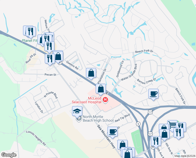 map of restaurants, bars, coffee shops, grocery stores, and more near 5 Plantation Drive in Little River