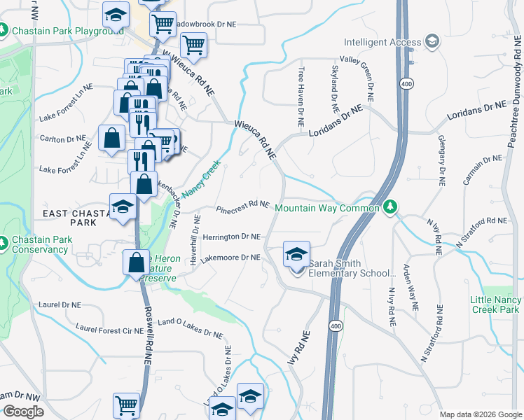 map of restaurants, bars, coffee shops, grocery stores, and more near 415 Pinecrest Road Northeast in Atlanta