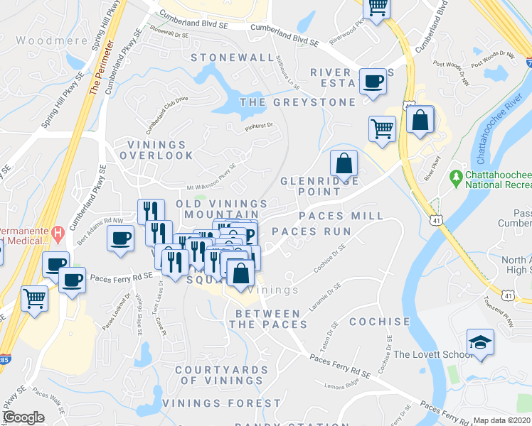 map of restaurants, bars, coffee shops, grocery stores, and more near 3064 Vinings Ridge Drive Southeast in Atlanta
