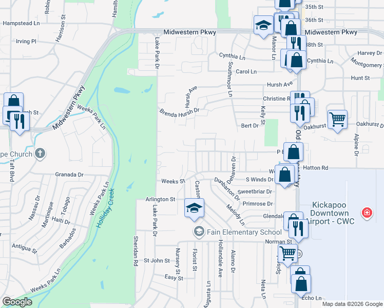 map of restaurants, bars, coffee shops, grocery stores, and more near 4300 Scottsdale Lane in Wichita Falls