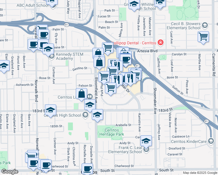 map of restaurants, bars, coffee shops, grocery stores, and more near 17785 Center Court Drive North in Cerritos