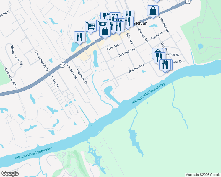 map of restaurants, bars, coffee shops, grocery stores, and more near 4396 North Mariners Pointe in Little River