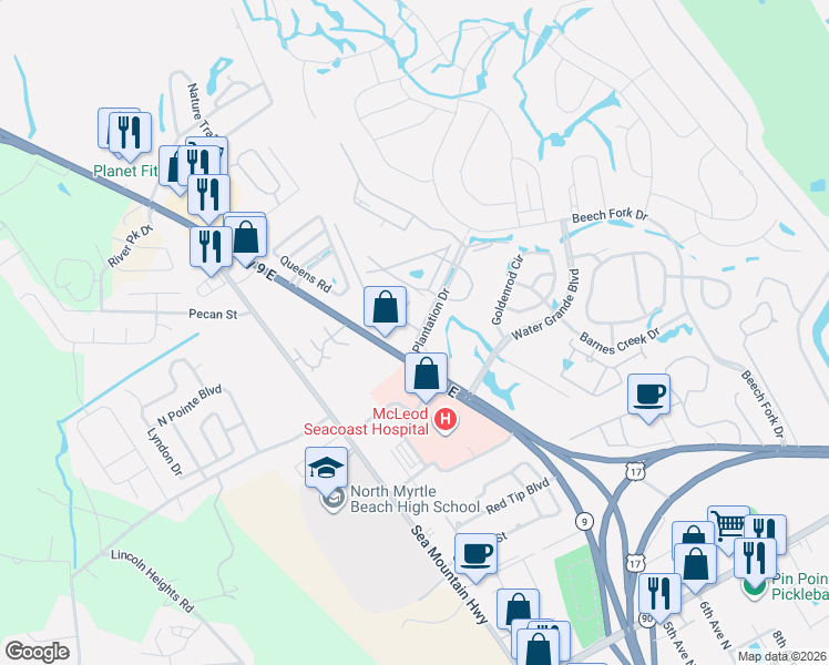 map of restaurants, bars, coffee shops, grocery stores, and more near 5 Plantation Drive in Little River
