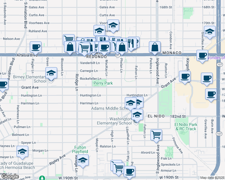 map of restaurants, bars, coffee shops, grocery stores, and more near 2408 Grant Avenue in Redondo Beach