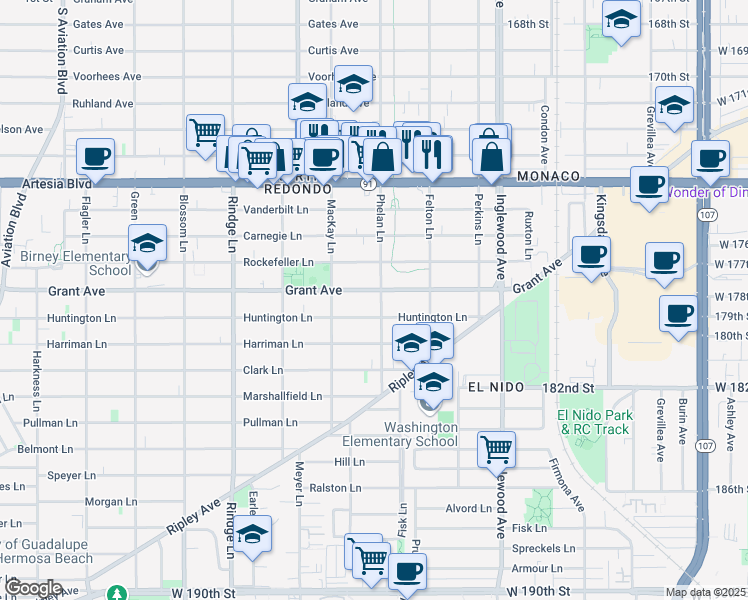 map of restaurants, bars, coffee shops, grocery stores, and more near 1503 Phelan Lane in Redondo Beach