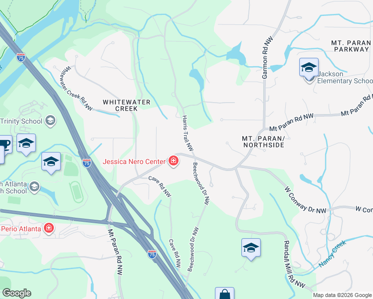map of restaurants, bars, coffee shops, grocery stores, and more near 4150 Harris Trail Northwest in Atlanta