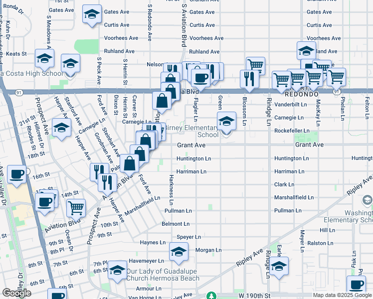 map of restaurants, bars, coffee shops, grocery stores, and more near 1814 Grant Avenue in Redondo Beach